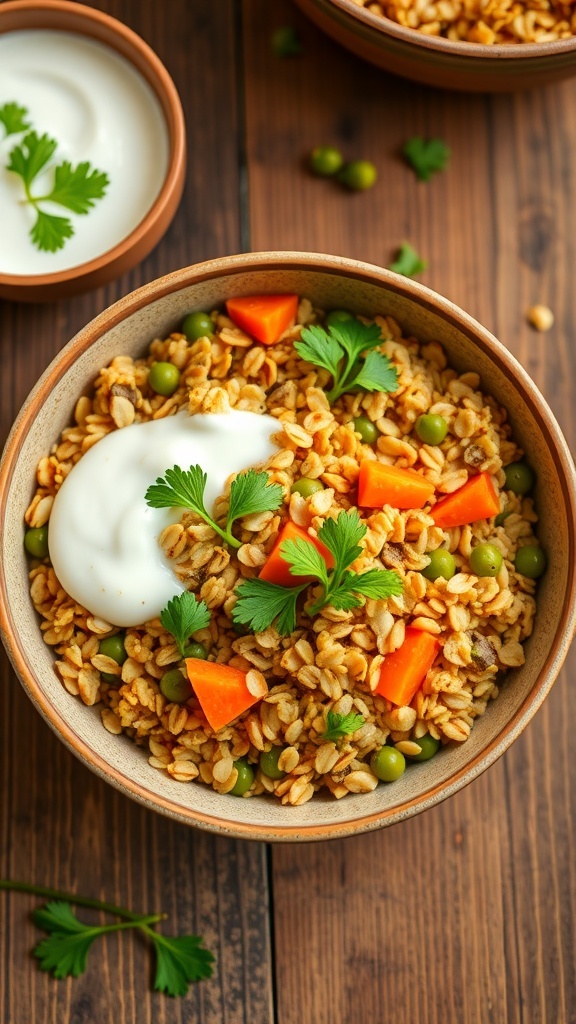 A bowl of oat khichdi with vegetables and coriander, served with yogurt on a rustic table.
